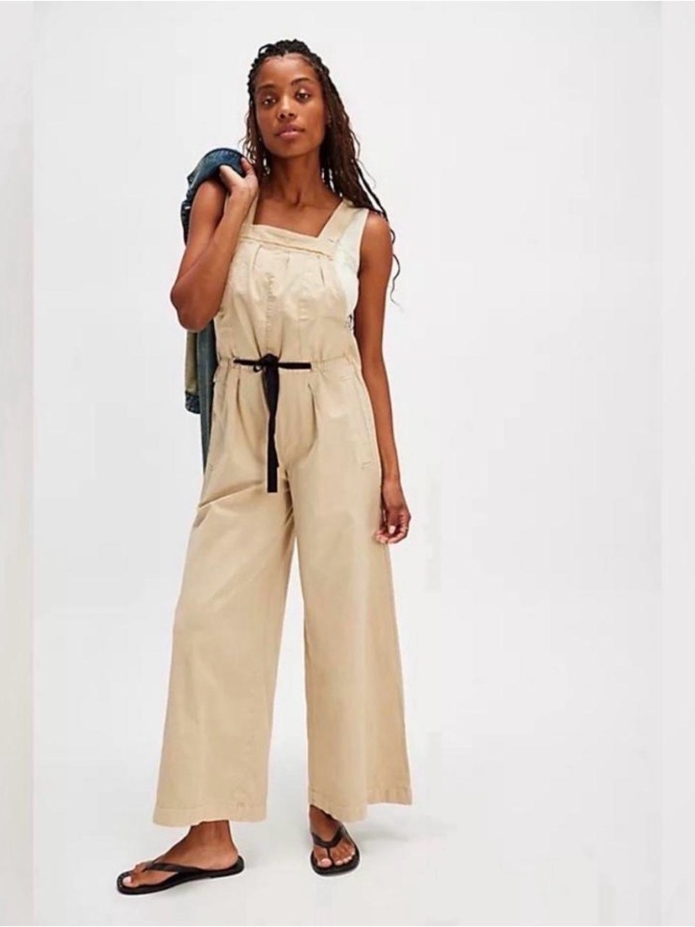 Free People Beige Wide-Leg Utility Jumpsuit with Drawstring Size XL